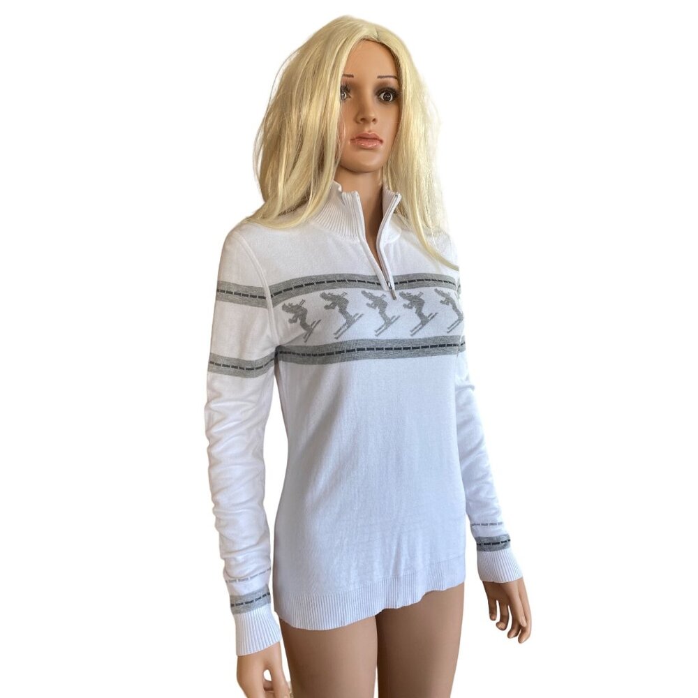 Nils Skier 2 Knit Sweater Women's Large White Gray Nordic Après Ski 1/4 Zip - Picture 3 of 13